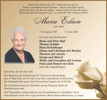 Traueranzeige von Maria Eckam von FZ