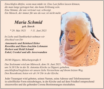 Traueranzeige von Maria Schmid von FZ