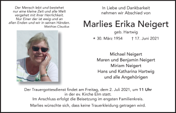 Traueranzeige von Marlies Erika Neigert von FZ