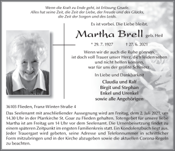 Traueranzeige von Martha Brell von FZ