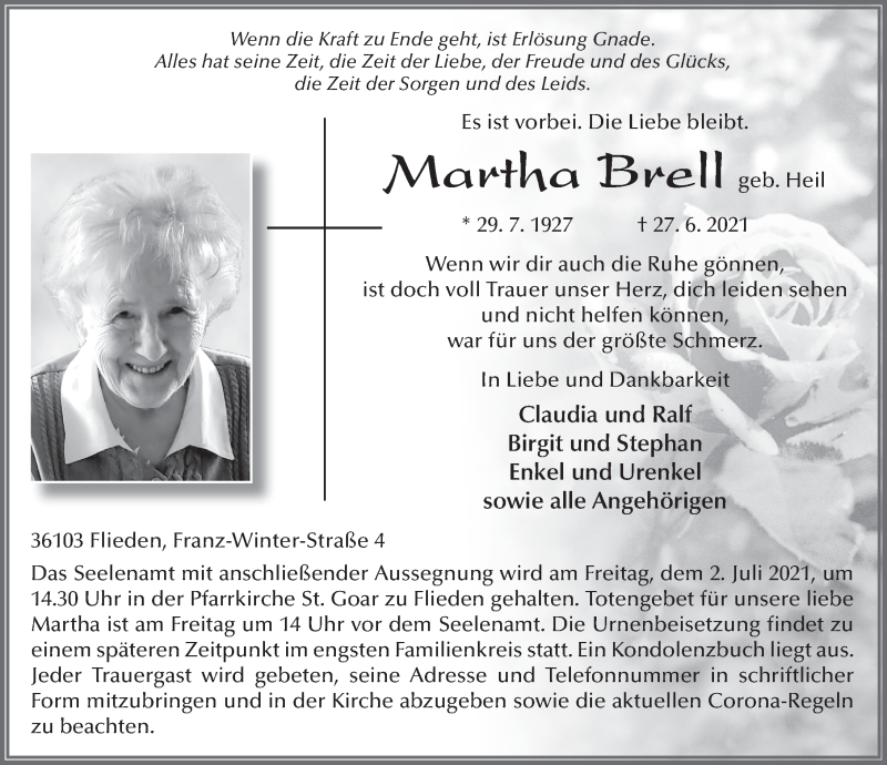  Traueranzeige für Martha Brell vom 29.06.2021 aus FZ