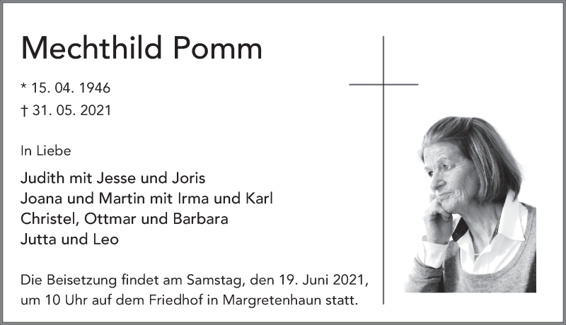  Traueranzeige für Mechthild Pomm vom 12.06.2021 aus FZ