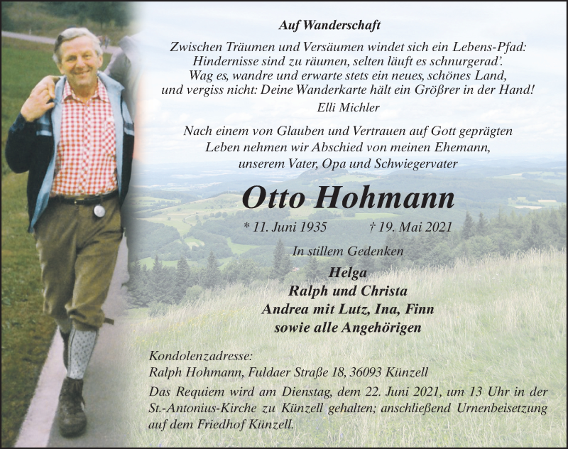  Traueranzeige für Otto Hohmann vom 18.06.2021 aus FZ