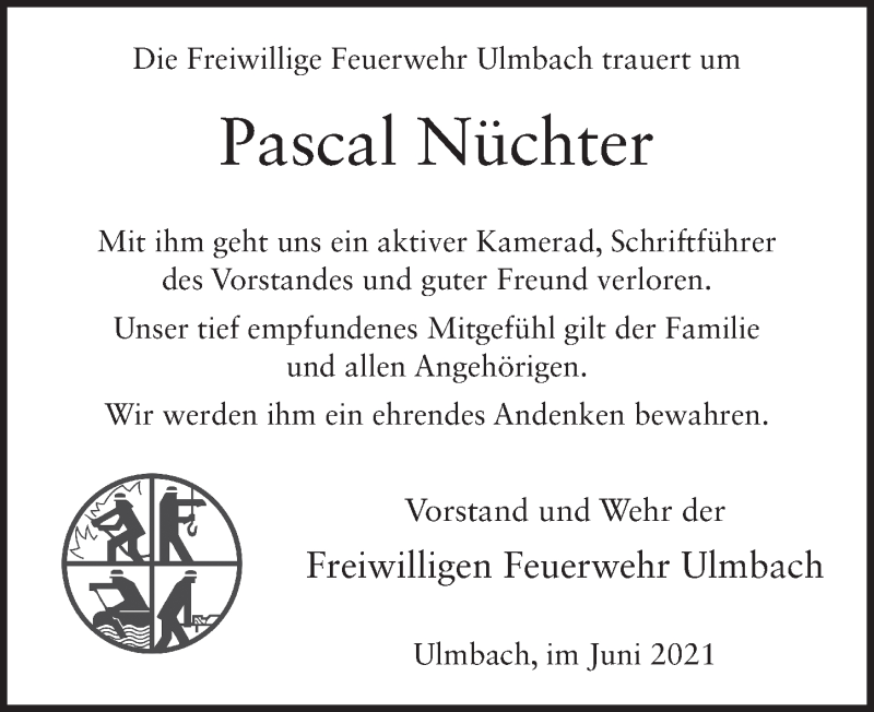  Traueranzeige für Pascal Nüchter vom 26.06.2021 aus FZ