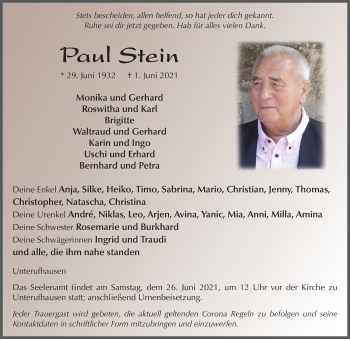 Traueranzeige von Paul Stein von FZ