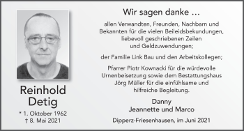 Traueranzeige von Reinhold Detig von FZ