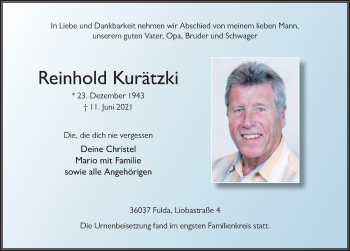 Traueranzeige von Reinhold Kurätzki von FZ