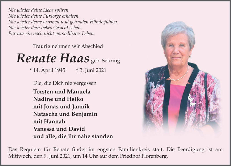  Traueranzeige für Renate Haas vom 05.06.2021 aus FZ