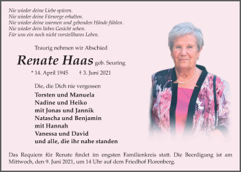 Traueranzeige von Renate Haas von FZ