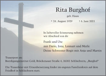 Traueranzeige von Rita Burghof von FZ