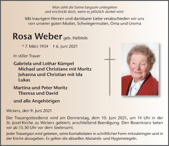 Traueranzeige von Rosa Weber von FZ