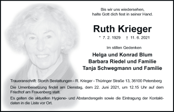 Traueranzeige von Ruth Krieger von FZ
