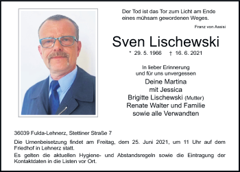 Traueranzeige von Sven Lischewski von FZ