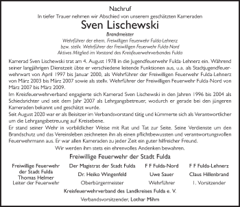 Traueranzeige von Sven Lischewski von FZ