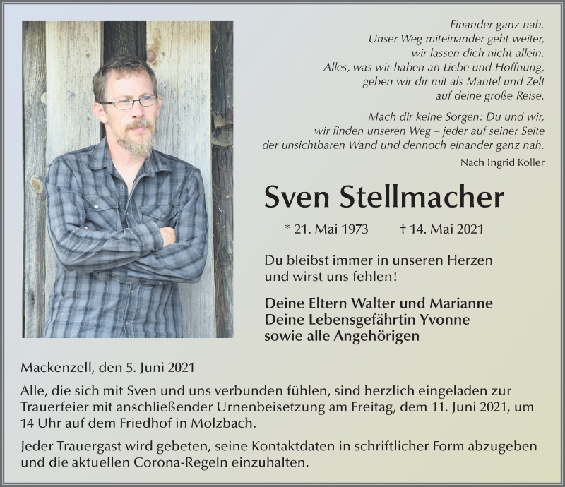  Traueranzeige für Sven Stellmacher vom 05.06.2021 aus FZ