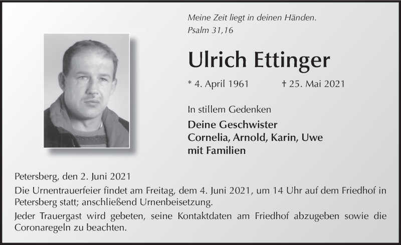  Traueranzeige für Ulrich Ettinger vom 02.06.2021 aus FZ