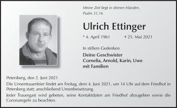 Traueranzeige von Ulrich Ettinger von FZ