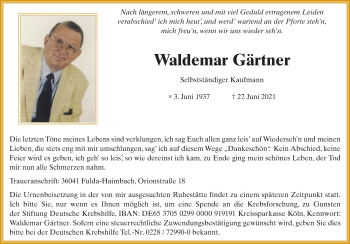 Traueranzeige von Waldemar Gärtner von FZ