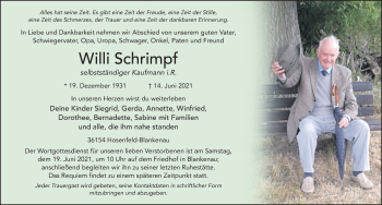 Traueranzeige von Willi Schrimpf von FZ