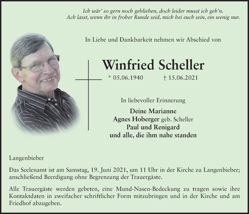  Traueranzeige für Winfried Scheller vom 17.06.2021 aus FZ