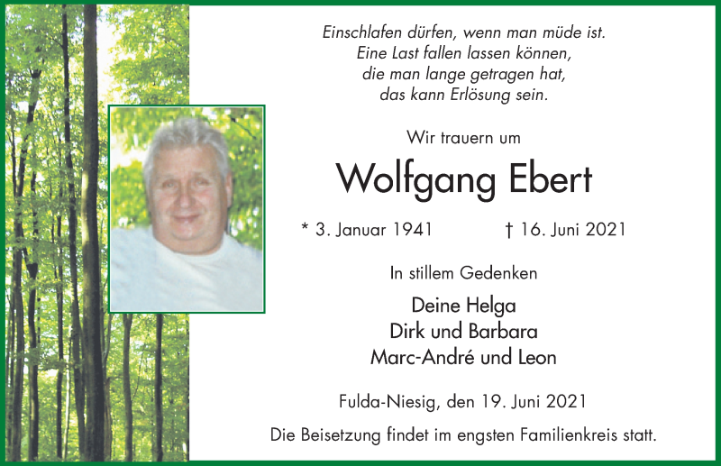 Traueranzeige für Wolfgang Ebert vom 19.06.2021 aus FZ