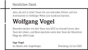 Traueranzeige von Wolfgang Vogel von FZ