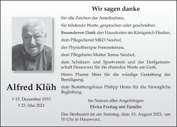 Traueranzeige von Alfred Klüh von FZ