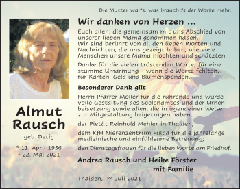 Traueranzeige von Almut Rausch von FZ
