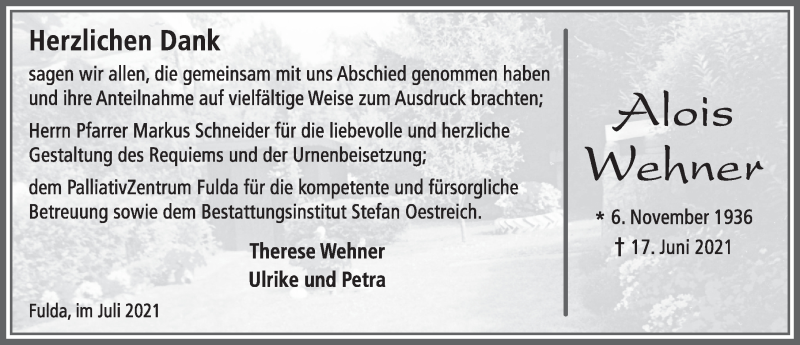  Traueranzeige für Alois Wehner vom 23.07.2021 aus FZ