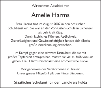 Traueranzeige von Amelie Harms von FZ