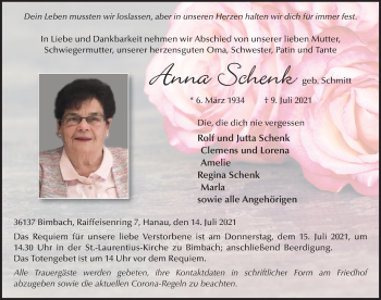 Traueranzeige von Anna Schenk von FZ