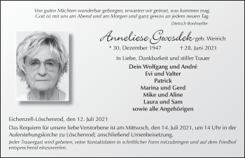 Traueranzeige von Anneliese Gwosdek von FZ