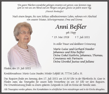 Traueranzeige von Anni Beßler von FZ