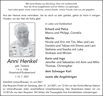 Traueranzeige von Anni Henkel von FZ
