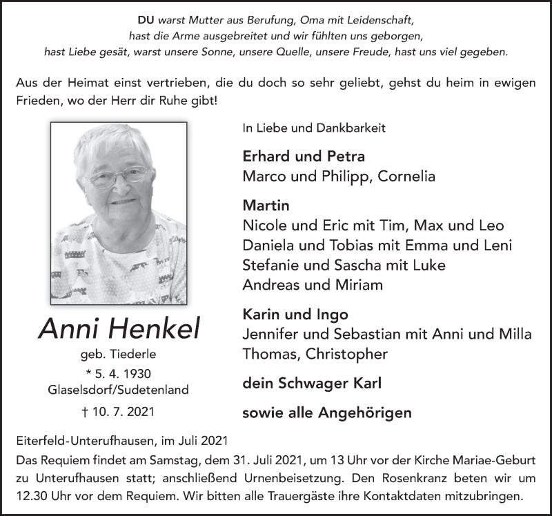  Traueranzeige für Anni Henkel vom 29.07.2021 aus FZ