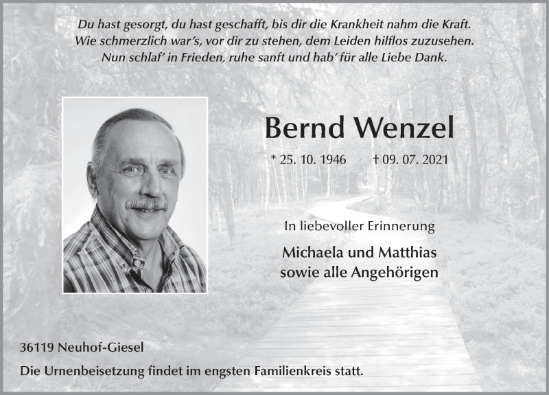  Traueranzeige für Bernd Wenzel vom 19.07.2021 aus FZ
