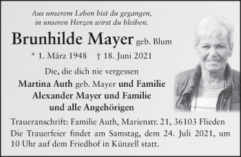 Traueranzeige von Brunhilde Mayer von FZ