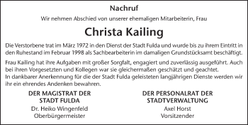 Traueranzeige von Christa Kailing von FZ