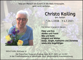 Traueranzeige von Christa Kailing von FZ