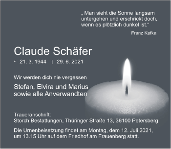 Traueranzeige von Claude Schäfer von FZ