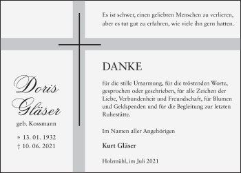 Traueranzeige von Doris Gläser von FZ