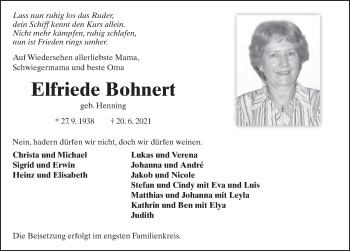 Traueranzeige von Elfriede Bohnert von FZ