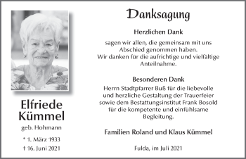 Traueranzeige von Elfriede Kümmel von FZ
