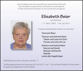 Traueranzeige von Elisabeth Beier von FZ