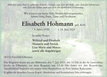 Traueranzeige von Elisabeth Hohmann von FZ