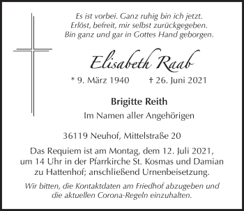 Traueranzeige von Elisabeth Raab von FZ