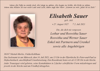 Traueranzeige von Elisabeth Sauer von FZ