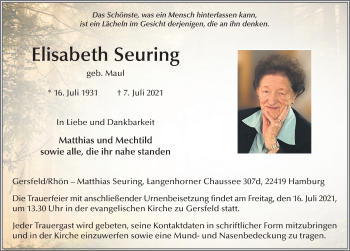 Traueranzeige von Elisabeth Seuring von FZ