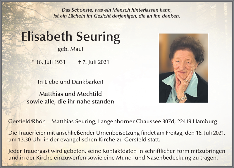  Traueranzeige für Elisabeth Seuring vom 14.07.2021 aus FZ