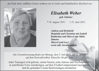 Traueranzeige von Elisabeth Weber von FZ